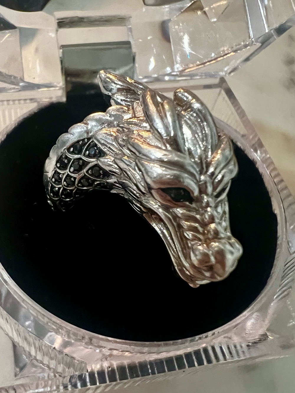 3D Dragon Wrap Ring 925 Sterling Silver Crown DE Black CZ Size 7